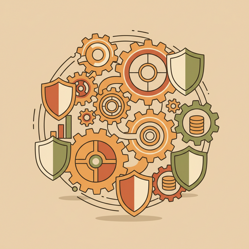 Flat design illustration depicting systemic risk mitigation through quantitative underwriting, showing protective barriers around financial assets.