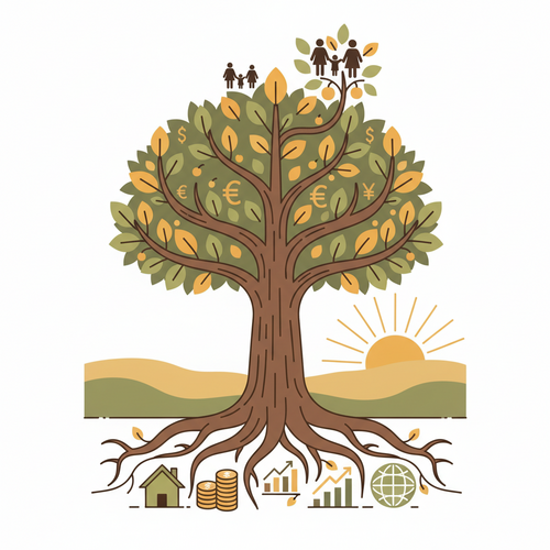 Conceptual illustration of intergenerational wealth tax optimization, showing diverse assets growing securely across generations with strategic financial planning.