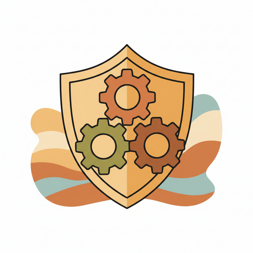Flat design illustration of an optimized underwriting ecosystem with interlocking gears and a security shield, set against a volatile market backdrop.