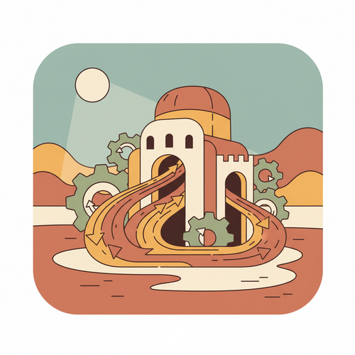 Flat design illustration depicting a business professional confidently managing a complex financial system, with gears and flowing arrows symbolizing optimized cash flow and the strategic use of unsecured capital leveraging.