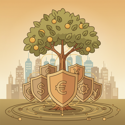 Conceptual flat design illustration depicting wealth preservation strategies, with shields representing strategic diversification protecting a growing asset tree amidst global financial landscapes.