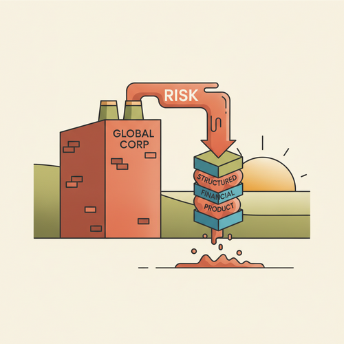 Illustration showing a stylized corporate building connected to a series of financial instruments, representing actuarial risk transfer and corporate liability hedging.