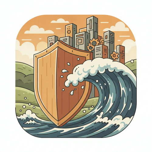 Flat design illustration depicting a robust shield protecting a large, complex financial institution from a looming storm, symbolizing catastrophic liability hedging and risk mitigation.