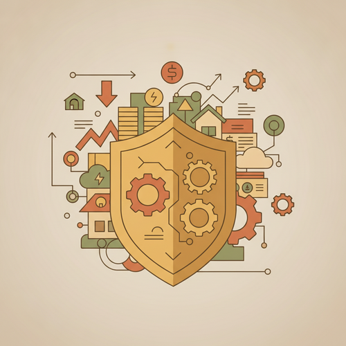 Illustration of a financial shield protecting complex assets and liabilities, representing liability hedging actuarial models in finance.