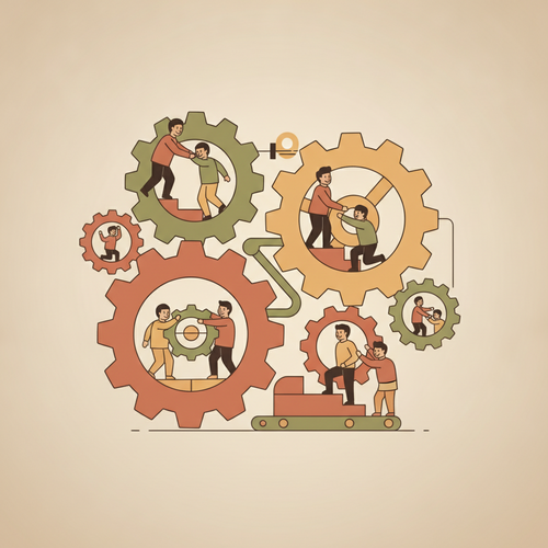 Flat design illustration of human capital optimization models within corporate wellness infrastructure, showing healthy employees as integral to organizational efficacy and talent retention.