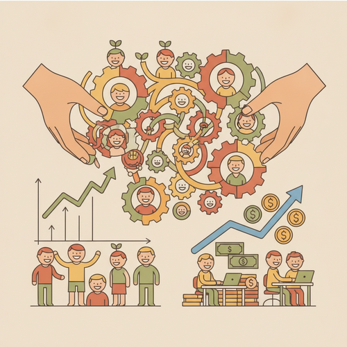 Flat design illustration of an interconnected system representing enterprise wellness infrastructure, with gears, healthy human figures, and rising financial charts, symbolizing human capital ROI maximization.