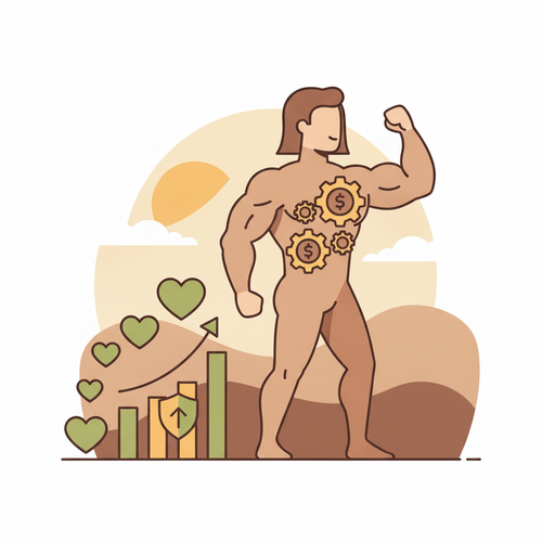 Flat design illustration representing Longevity Capital Allocation, showing a healthy executive surrounded by financial growth charts and wellness indicators.