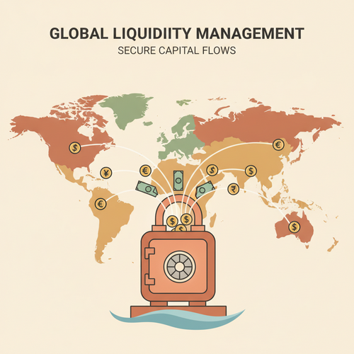 Flat design illustration depicting global forex liquidity management, showing currencies converging into a secure digital vault.