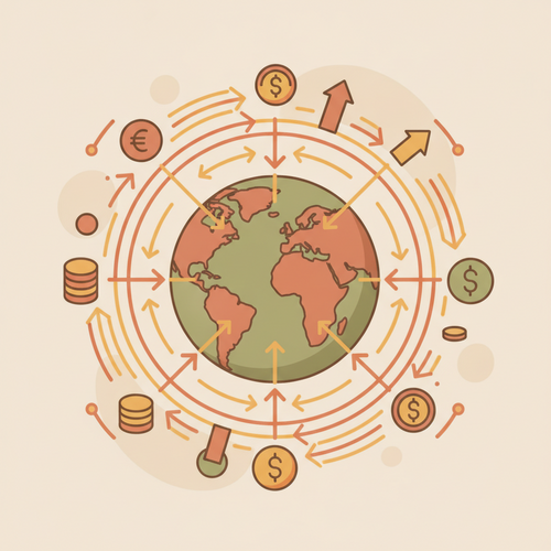 Conceptual illustration of global mobility asset allocation with financial charts, a globe, and people moving between countries, optimized for cross-border expense management.