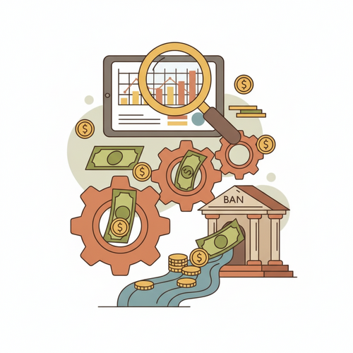 Conceptual illustration of institutional reward arbitrage and revolving facility yield maximization showing financial gears turning.