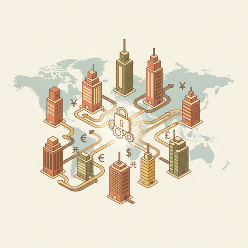 Illustration of global multi-currency treasury architecture with interconnected financial flows and data streams, symbolizing optimized international financial mobility.