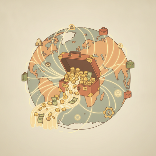 Conceptual illustration of international treasury deployment and expatriate wealth structuring, showing global financial connections and individual assets.