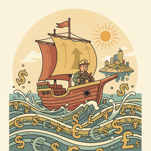 Conceptual illustration depicting international treasury navigation and currency fluctuation hedging, showing a ship sailing through currency symbol waves.