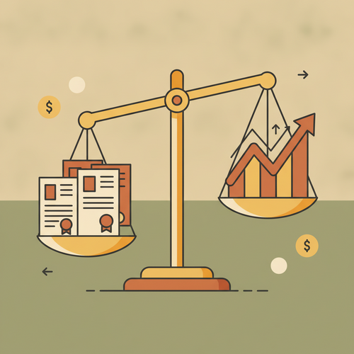 Flat design illustration of a balanced scale with monetary policy documents on one side and a variable rate debt graph on the other, symbolizing strategic debt management amidst economic shifts.