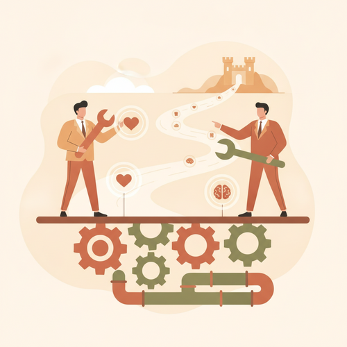 Flat design illustration depicting executive biological asset management, showing executives interacting with preventative healthcare infrastructure data and wellness programs.