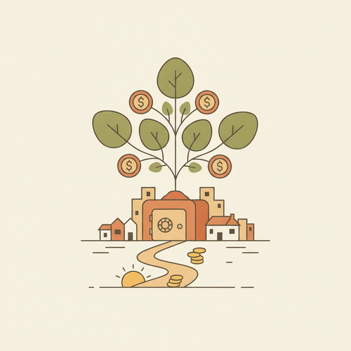 Illustration representing quantitative net worth optimization through strategic investments and tax efficiency, showing growth charts and secure assets.