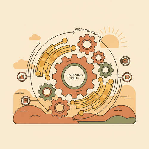 Flat design illustration of gears and flowing cash representing revolving credit optimization and working capital liquidity.