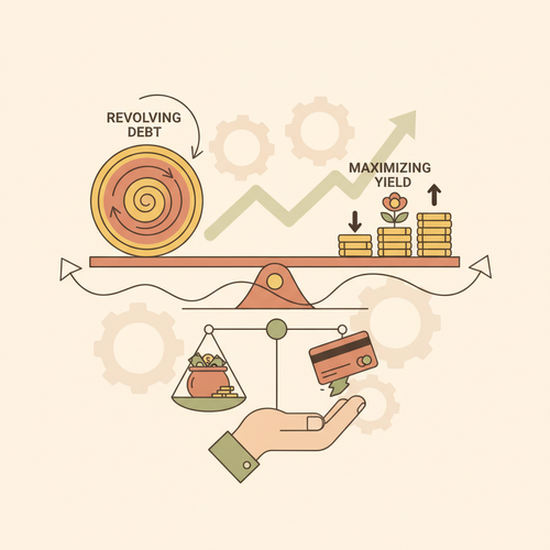 Flat design illustration of a balanced financial scale with a revolving arrow, representing debt optimization and yield maximization in a corporate setting, with clean lines and warm earth tones.