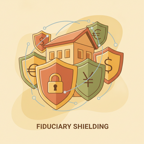 Conceptual illustration of layered shields protecting a corporate building, representing systemic asset preservation and corporate fiduciary shielding frameworks.