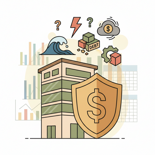 Illustration depicting corporate liability risk hedging, showing a shield protecting a company from financial risks like cyber threats and legal claims, with underwriting analysis and actuarial models in the background.
