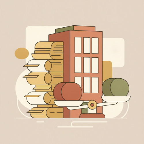 Flat design illustration of a corporate building with financial documents and a balancing scale representing unsecured corporate debt leveraging and capital structure optimization.