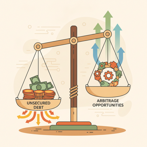 Illustration depicting the balance between unsecured corporate leverage and transactional yield arbitrage opportunities, representing financial strategy.