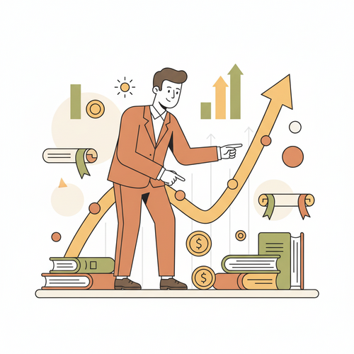 Flat design illustration of a financial professional analyzing a dynamic yield curve chart alongside various stacked coins representing macroeconomic debt, with subtle indicators of market volatility and strategic planning.