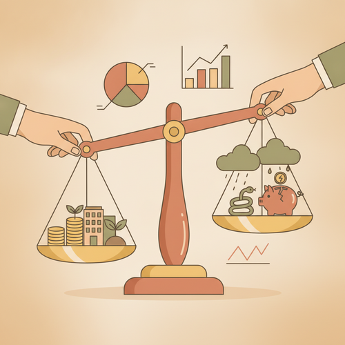 Illustration depicting actuarial liability hedging and predictive premium deployment strategies with a balanced scale and data analytics.