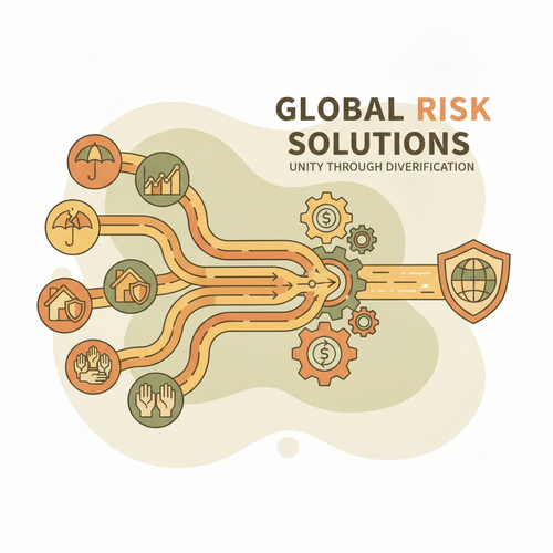 Illustration depicting actuarial risk transfer strategies, showing abstract representations of reinsurance, captive insurance, and catastrophe bonds, all contributing to corporate premium structuring and financial stability.