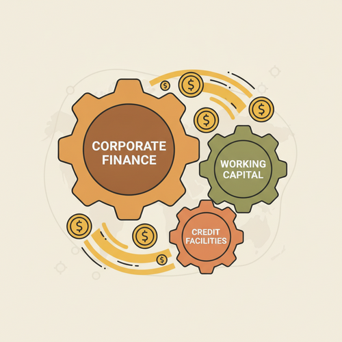 Illustration of corporate credit facility leveraging and working capital arbitrage, showing interconnected financial gears.