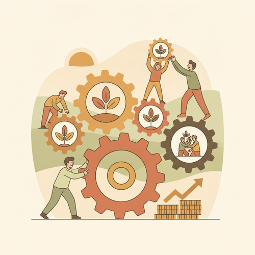 Illustration depicting corporate human capital optimization and preventative wellness leading to financial yields.