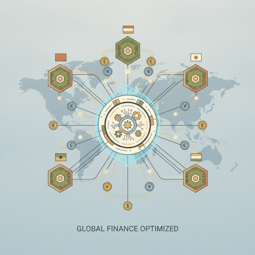 Flat design illustration depicting cross-border liquidity optimization with secure sovereign treasuries and global digital finance networks.