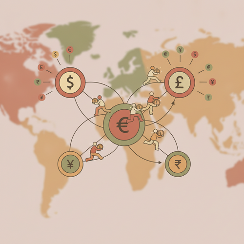 Flat design illustration representing cross-border treasury management and global mobility liquidity, with interconnected financial networks and diverse currency flows.