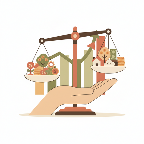 Flat design illustration showing a hand balancing diverse asset classes on a scale, representing fiduciary asset allocation and discretionary wealth management. Growth charts are in the background.