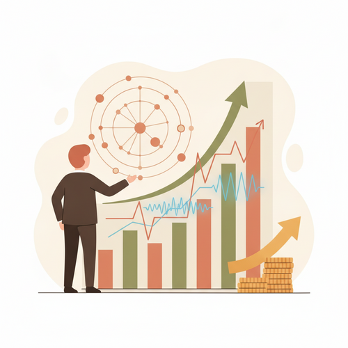Flat design illustration depicting Executive Biometric Capitalization. An executive figure is surrounded by financial graphs, data points, and subtle biometric indicators, symbolizing the integration of human health data into strategic longevity investments for corporate valuation.