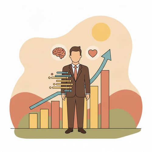 Flat design illustration of an executive silhouette with data streams representing biometric optimization and human capital ROI
