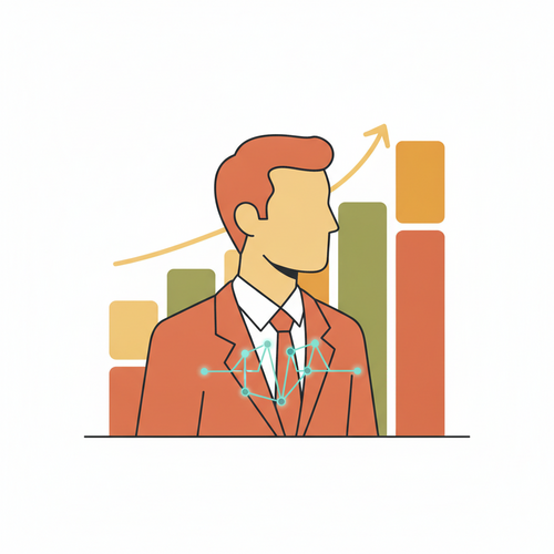 Flat design illustration of an executive silhouette with health data overlay and a growth chart, symbolizing executive health capitalization and human capital ROI.