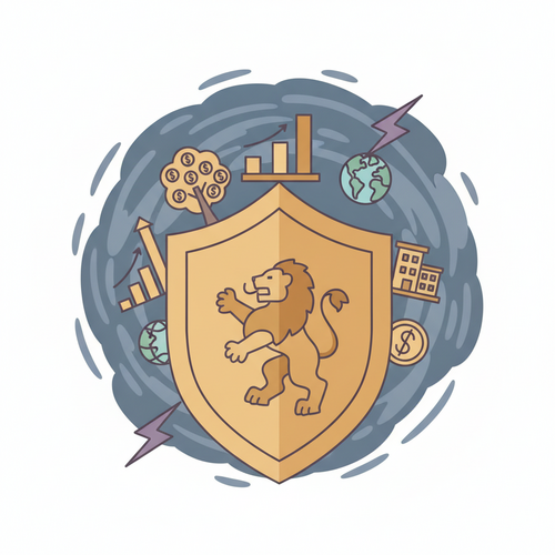 Flat design illustration of a strong shield protecting a diversified investment portfolio from a stormy, volatile market, symbolizing fiduciary asset shielding.