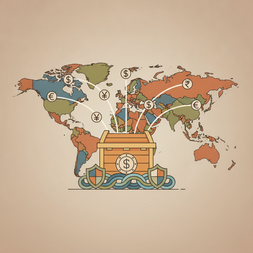 Illustration of global money flow and currency symbols consolidating into a vault, representing global mobility liquidity management and cross-border forex hedging.