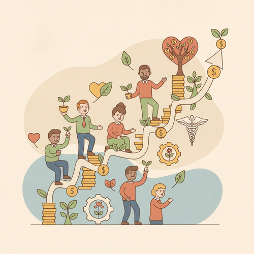 Illustrative representation of human capital ROI maximization through a preventative corporate wellness infrastructure, showing healthy employees boosting financial performance.