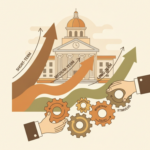 Flat design illustration depicting macroeconomic policy shifts impacting sovereign yield curves, showing conceptual gears and arrows representing advanced hedging strategies.