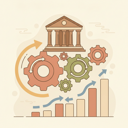 Flat design illustration showing a central bank influencing bond market gears and and arrows, representing monetary policy fixed income rebalancing.