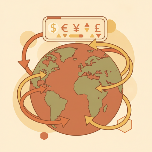 Illustration depicting Multi-Currency Treasury Management with digital interfaces and global capital movement.