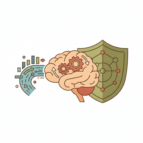 Flat design illustration representing Predictive Underwriting Dynamics and Actuarial Risk Deflection, with data streams, analytical processes, and risk mitigation shields.
