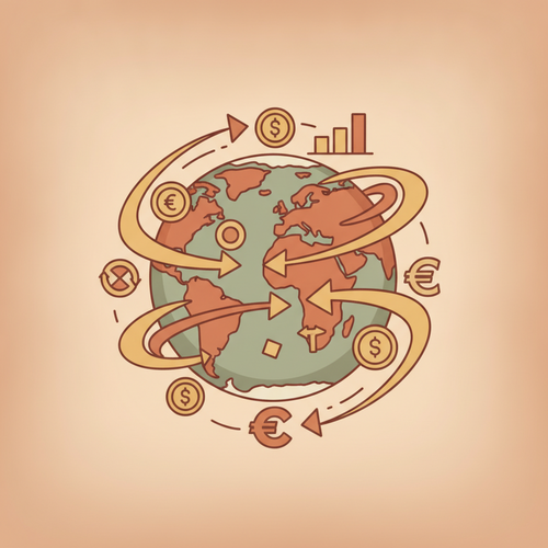Flat design illustration showing global capital flows and sovereign wealth treasury optimization, with a globe and financial symbols