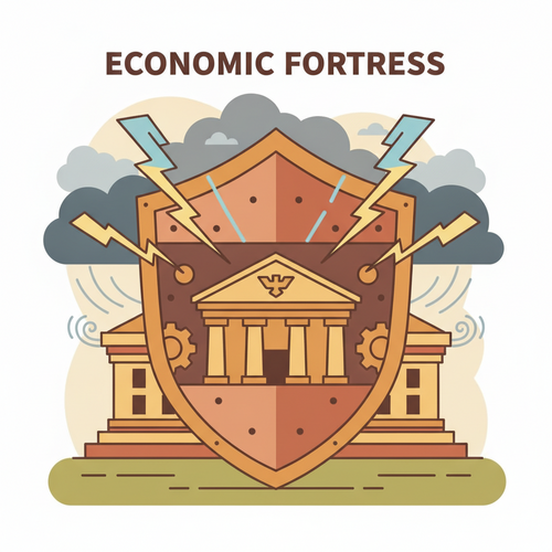 Illustration depicting robust Sovereign Wealth Preservation frameworks deflecting systemic risk from a nation's financial assets.
