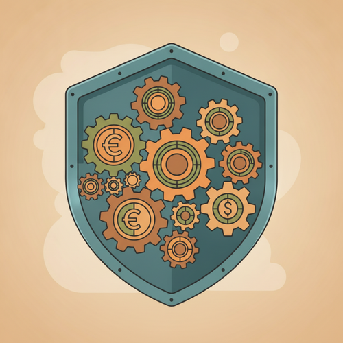 Flat design illustration showing interconnected gears representing the financial system, with a protective shield symbolizing systemic risk transfer and robust underwriting analysis.