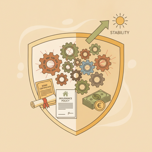 Illustration of interconnected financial gears protected by insurance-linked securities and policies, representing systemic risk transfer mechanisms.