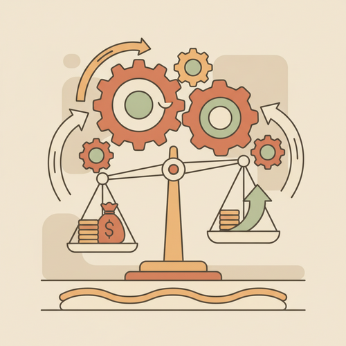 Flat design illustration showing gears and arrows representing Unsecured Revolving Facility Optimization and Corporate Yield Arbitrage in a corporate finance setting.
